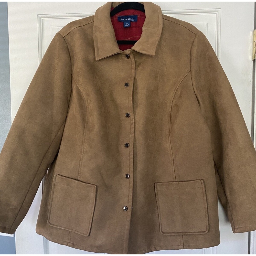 Evan Picone Women's Faux Suede Jacket SZ 2X‎ Tan Snap Buttons Front Pockets